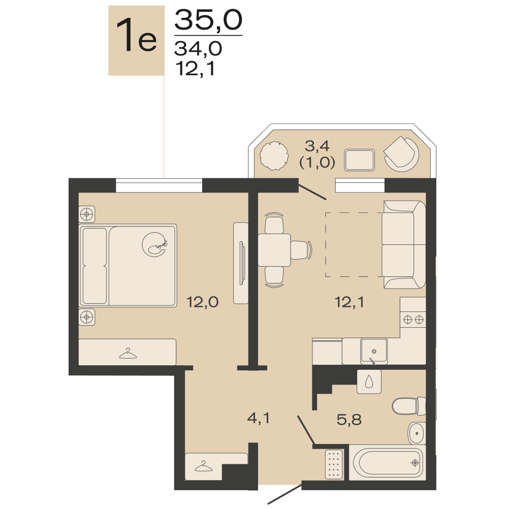 Планировка 1-комнатная 35 м²
