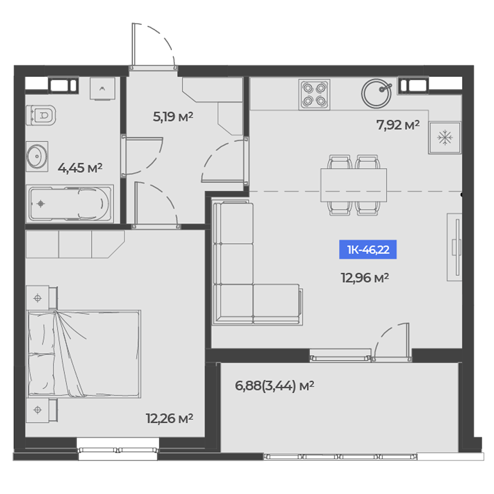 Планировка 1-комнатная 46,22 м²