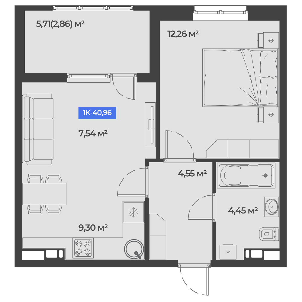 Планировка 1-комнатная 40,96 м²