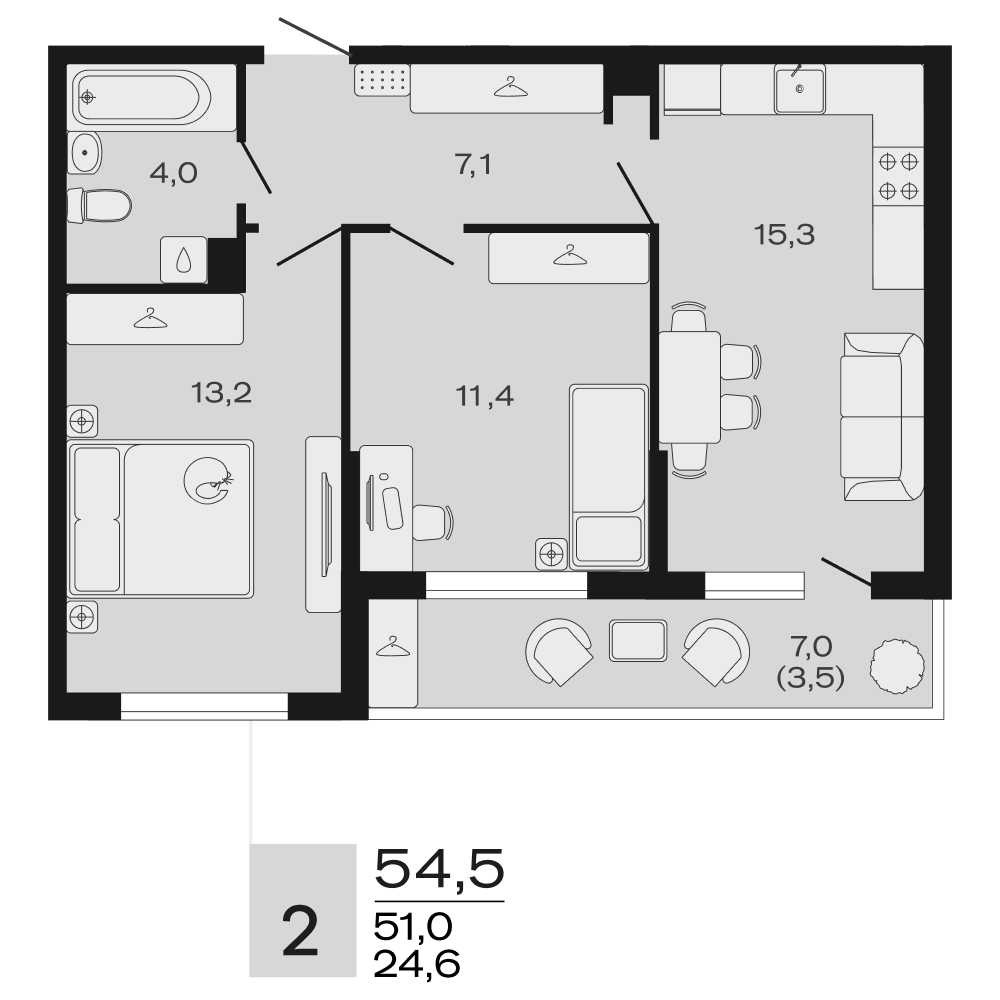 Планировка 2-комнатная 54,5 м²