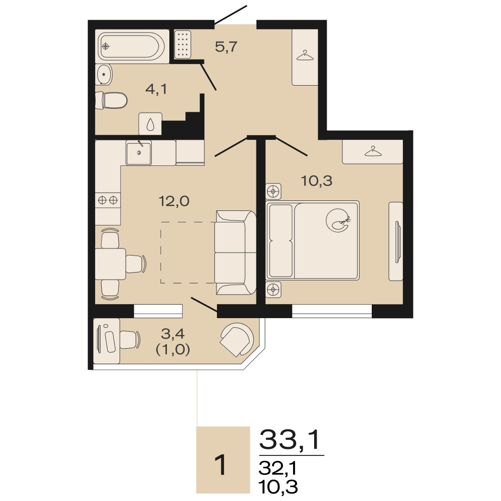 Планировка 1-комнатная 33,1 м²