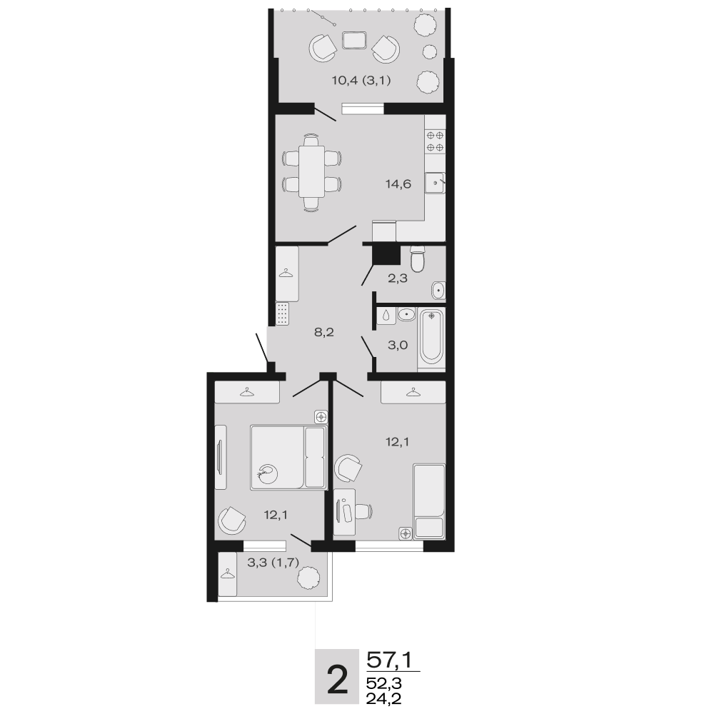 Планировка 2-комнатная 57,1 м²