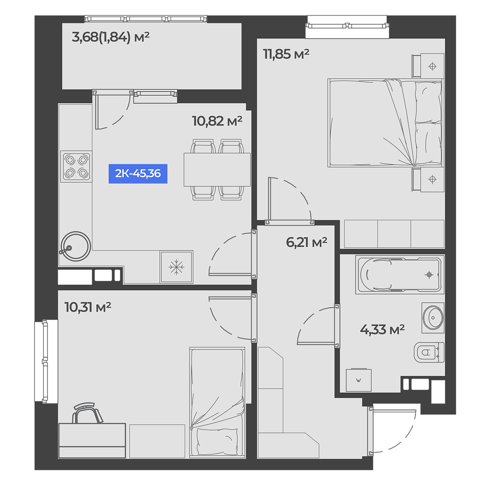 Планировка: 2-комн. квартира 45,4 м²