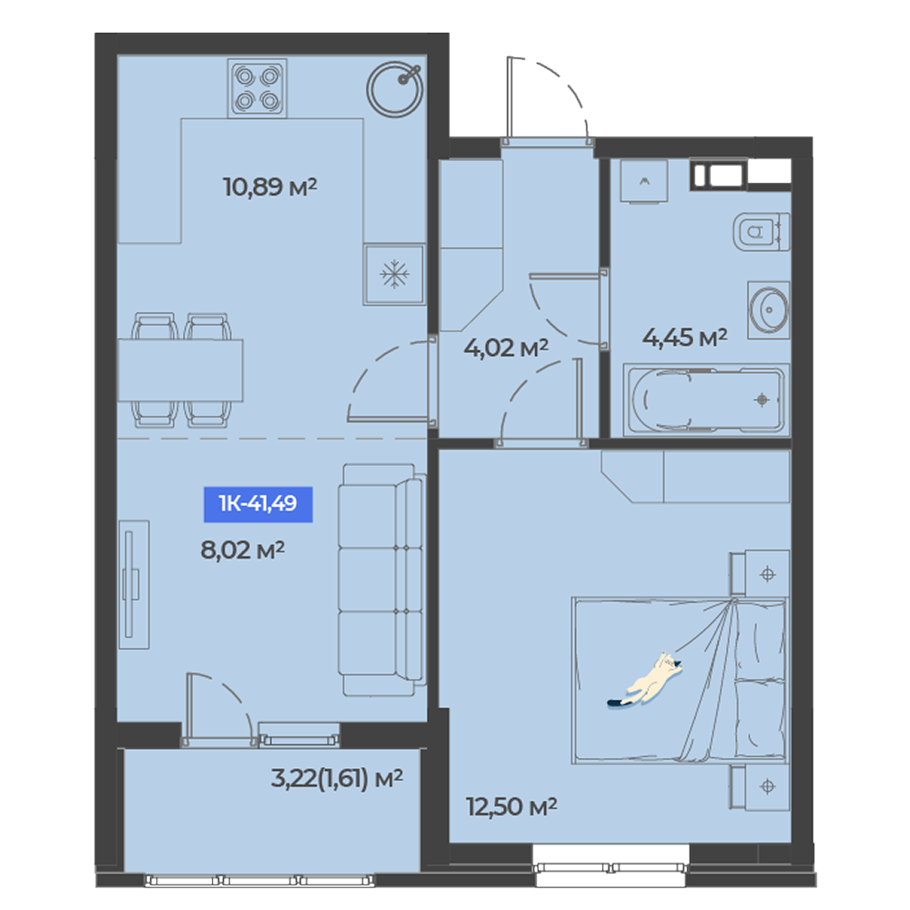 Планировка: 1-комн. квартира 41,5 м²