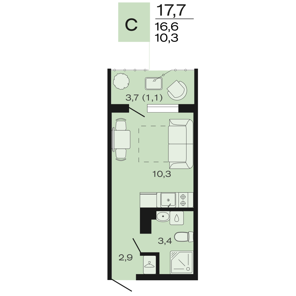 Планировка Студия 17,7 м²
