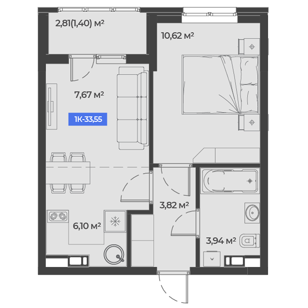 Планировка 1-комнатная 33,55 м²