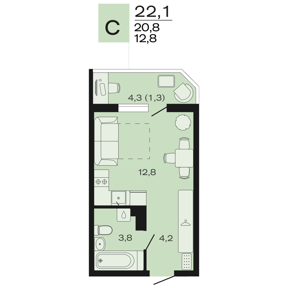 Планировка Студия 22,1 м²