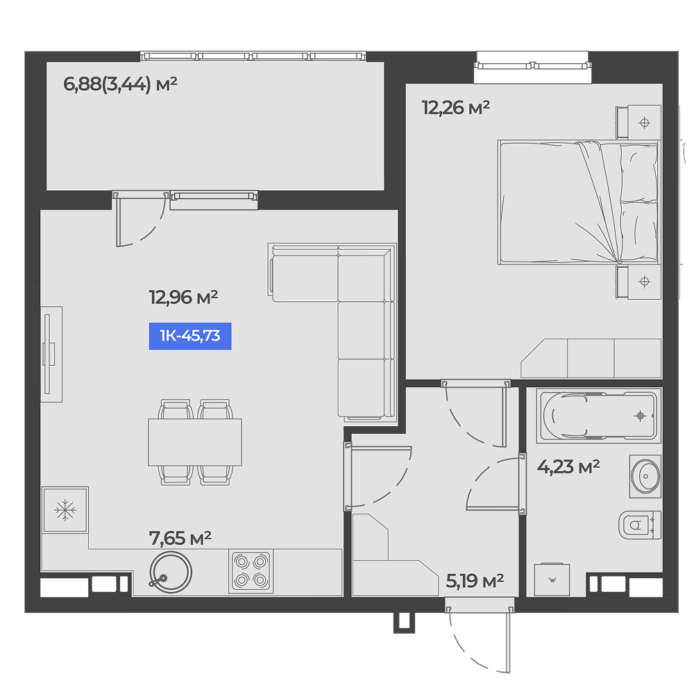 Планировка: 1-комн. квартира 45,7 м²