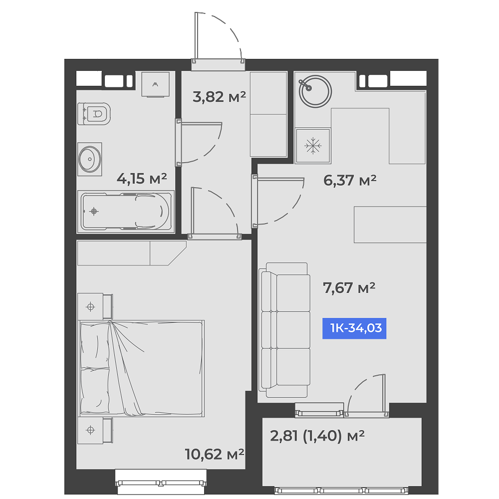 Планировка: 1-комн. квартира 34 м²