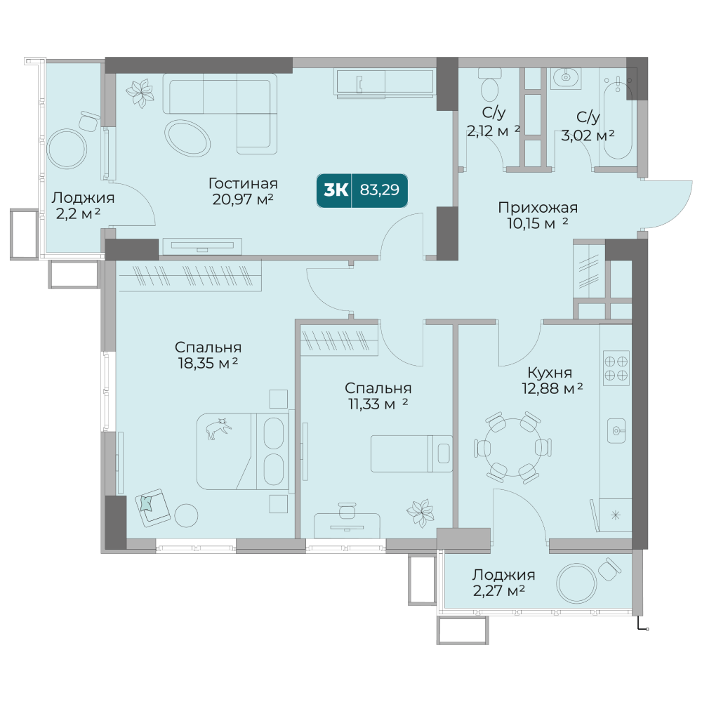 Планировка 3-комнатная 83,29 м²