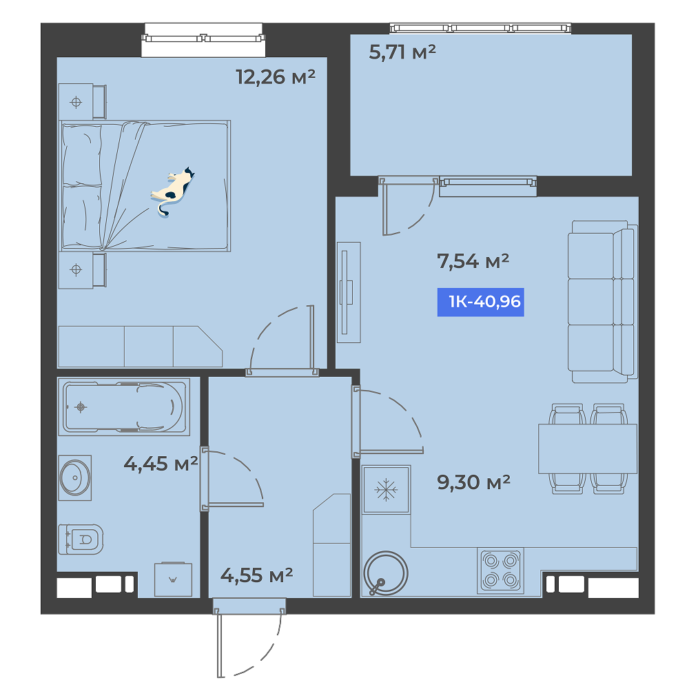 Планировка: 1-комн. квартира 41 м²