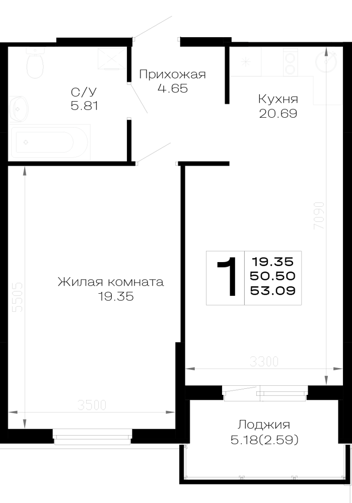 Планировка: 1-комн. квартира 53,1 м²