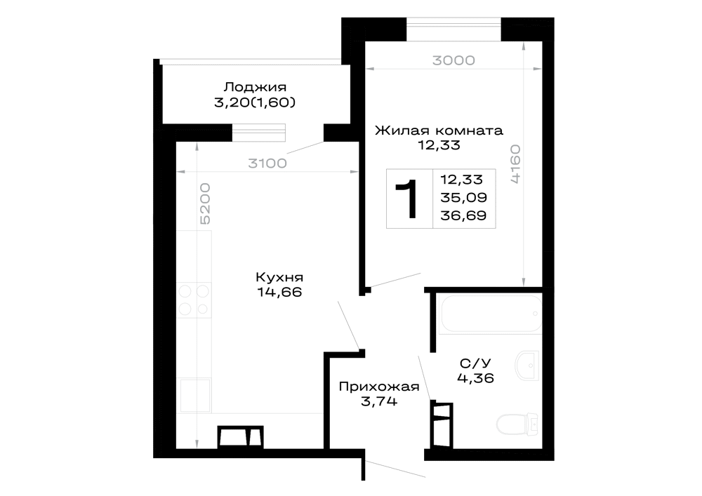 Планировка: 1-комн. квартира 36,7 м²