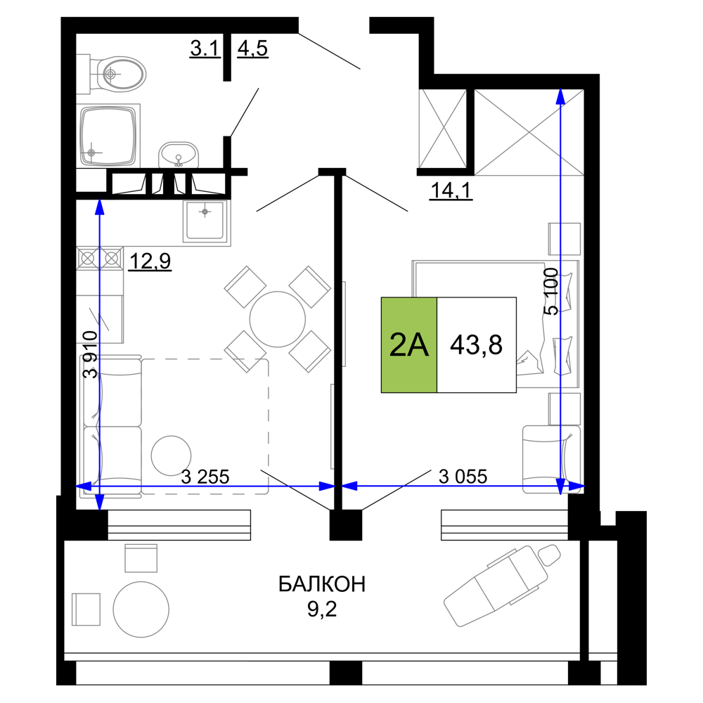 Планировка 2-комнатная 43,8 м²