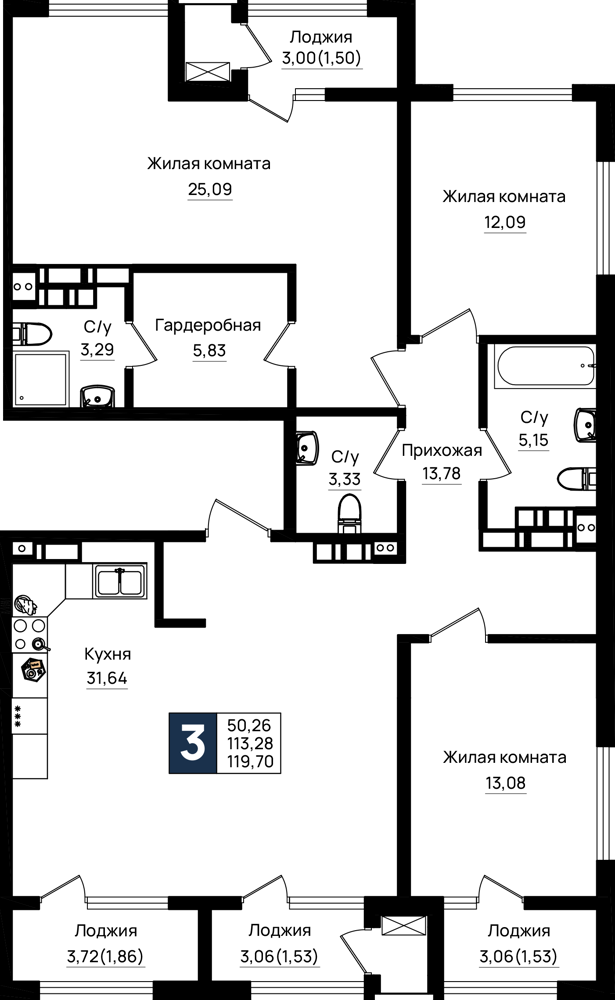 Планировка 3-комнатная 119,7 м²