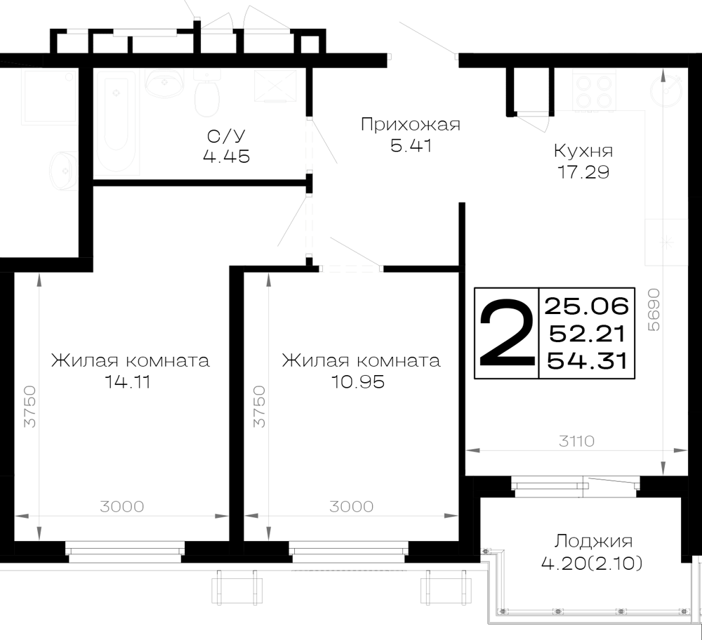 Планировка: 2-комн. квартира 54,3 м²