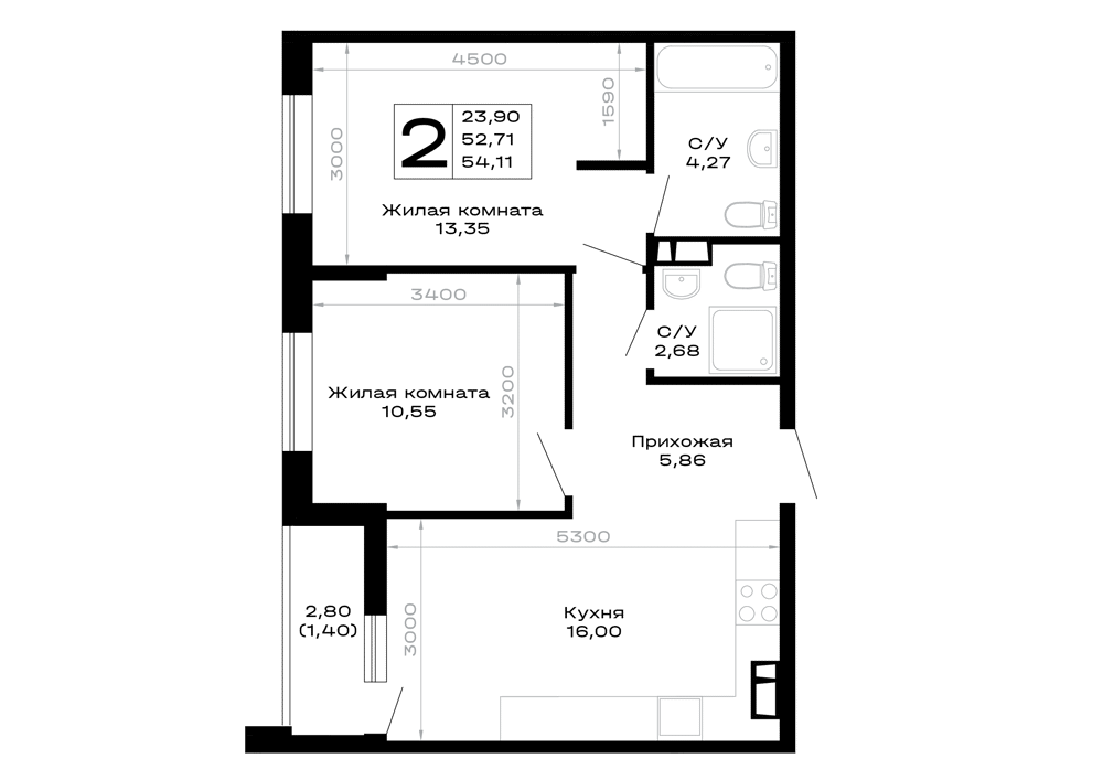 Планировка: 2-комн. квартира 54,1 м²