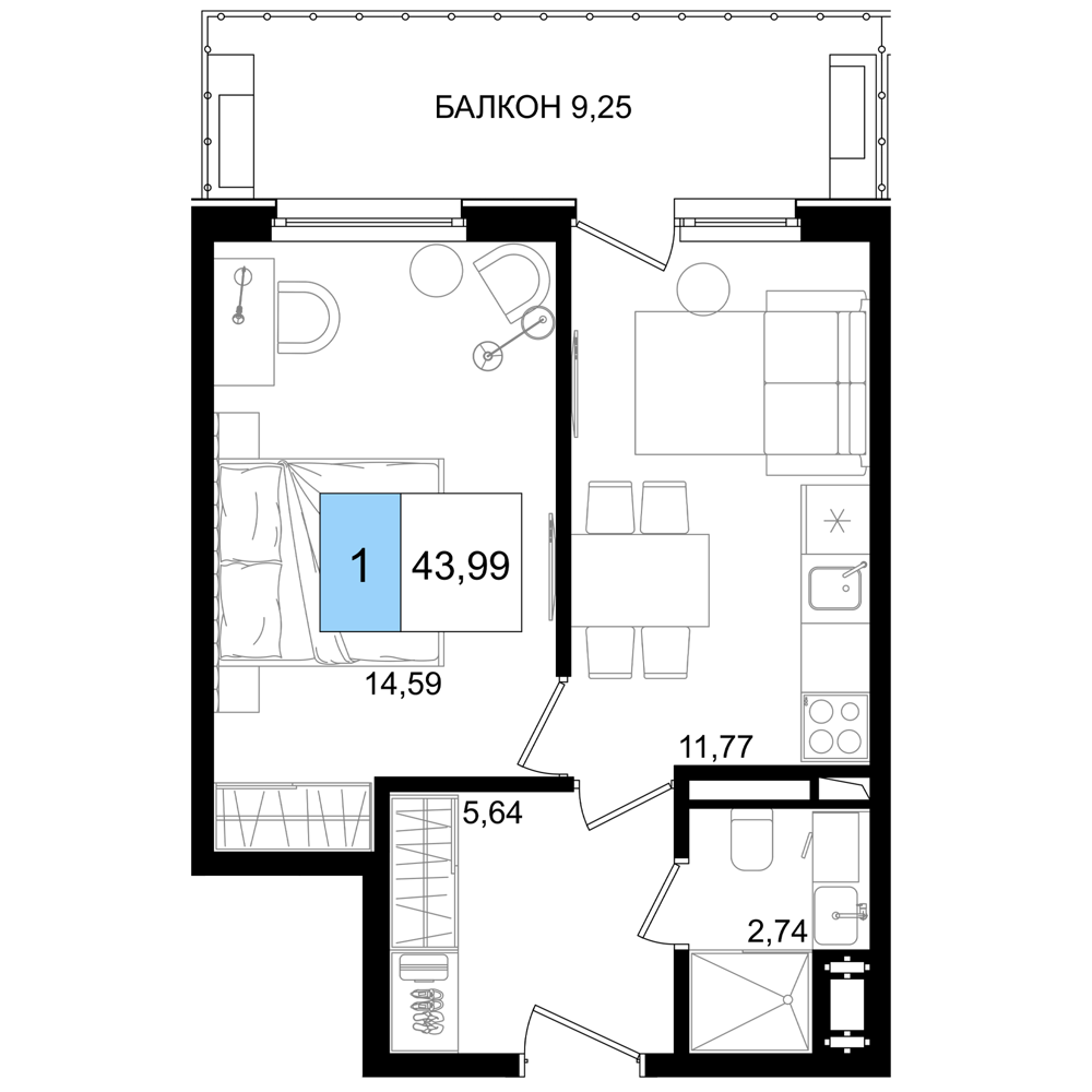 Планировка 2-комнатная 43,99 м²