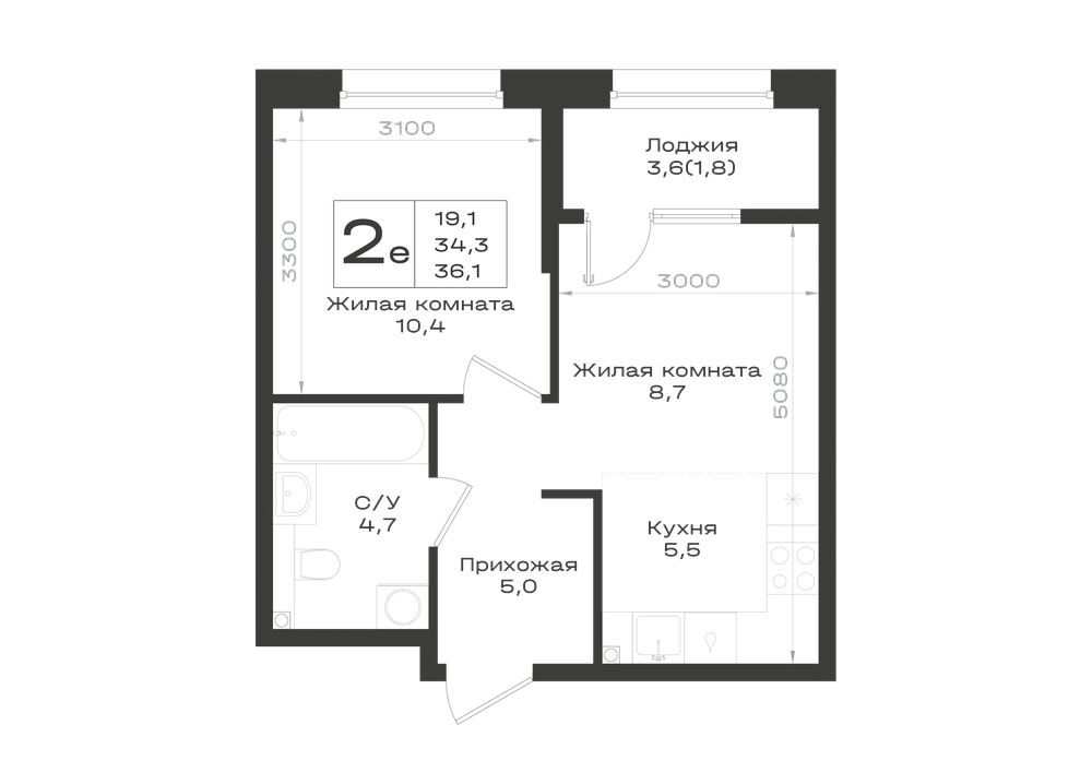 Планировка 2-комнатная 36,1 м²