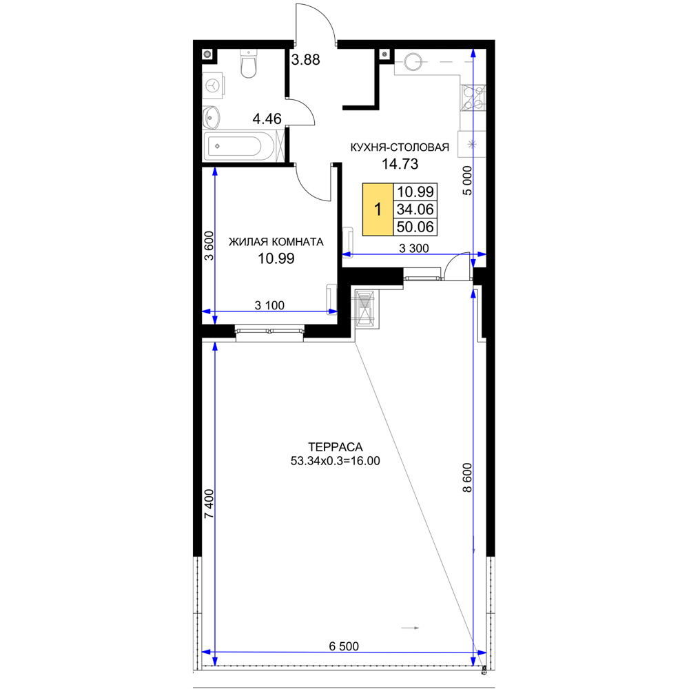 Планировка 1-комнатная 50,06 м²
