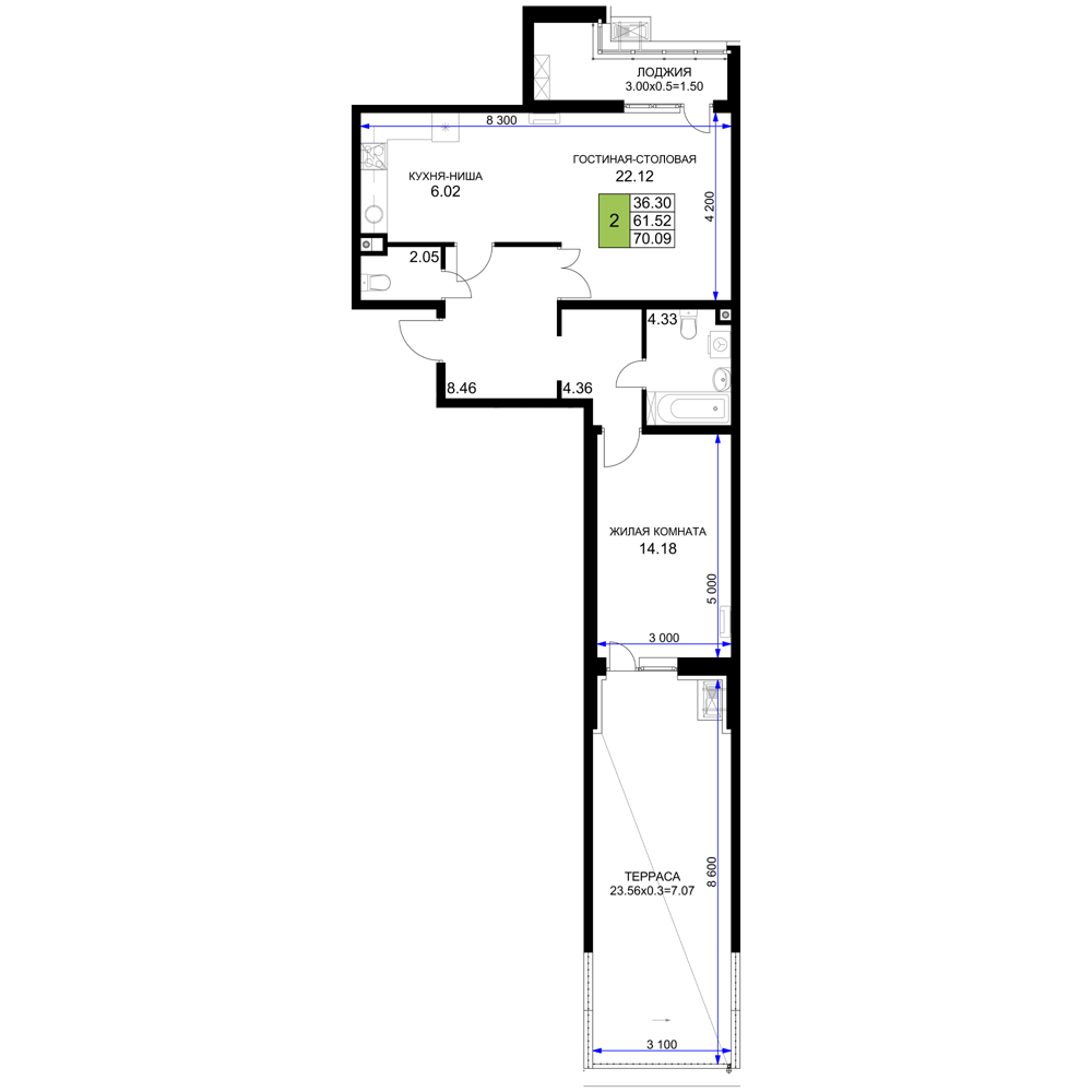 Планировка 2-комнатная 70,09 м²