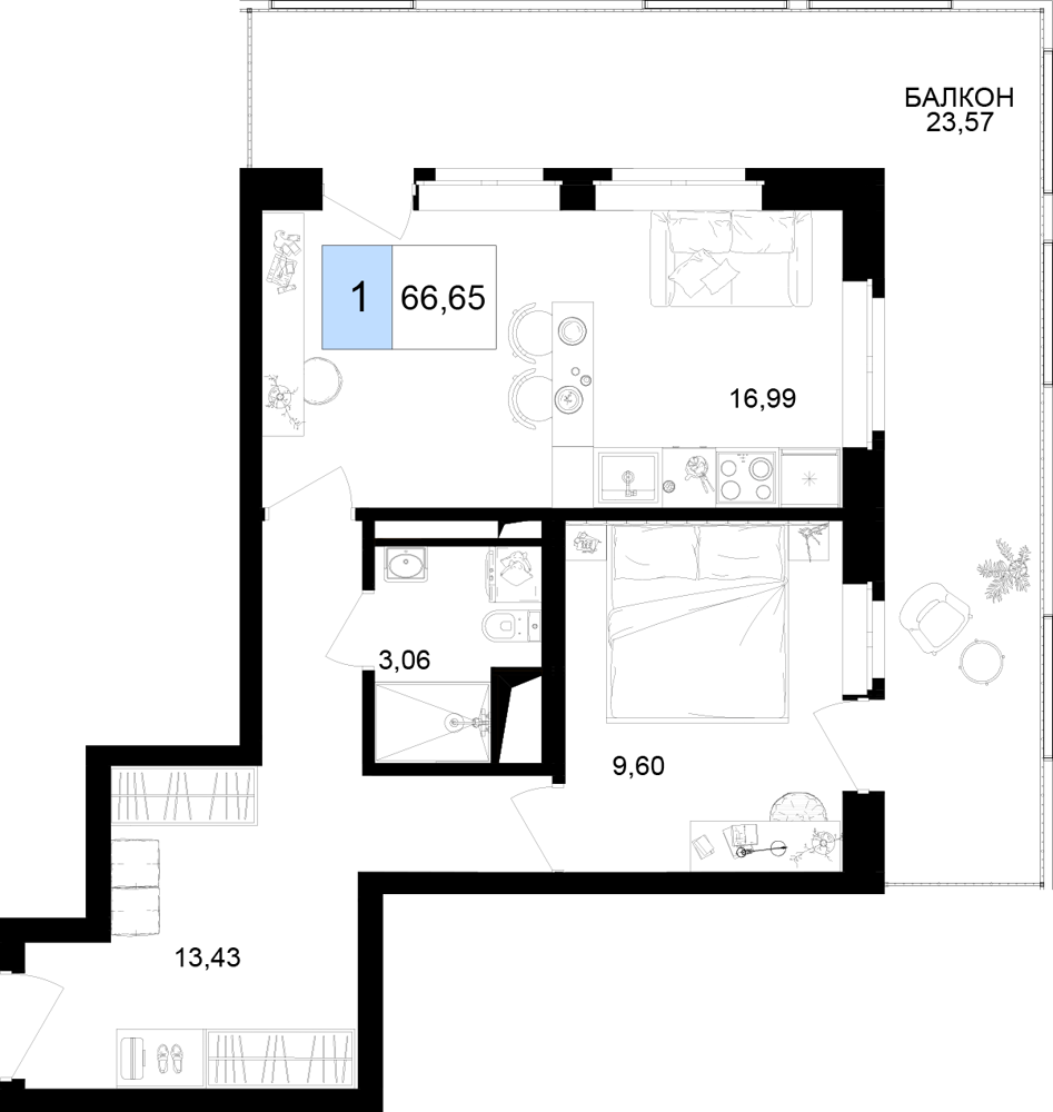 Планировка 2-комнатная 66,65 м²