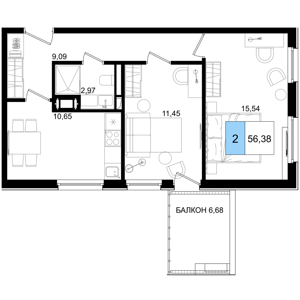 Планировка 3-комнатная 56,38 м²
