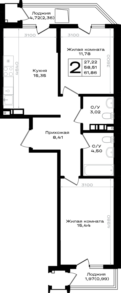 Планировка 2-комнатная 61,85 м²