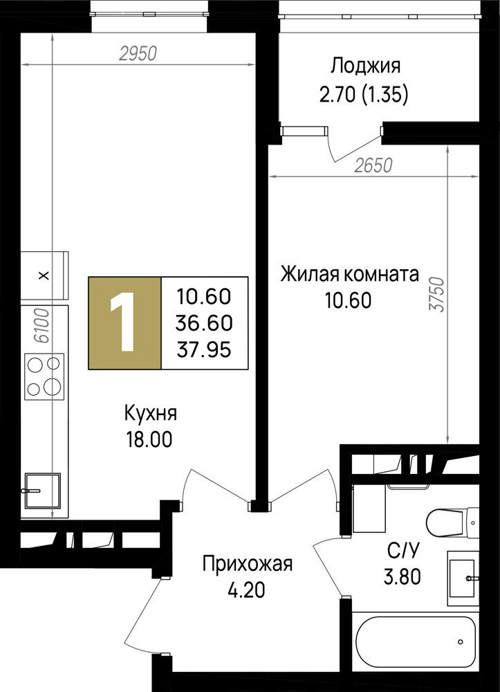 Планировка: 1-комн. квартира 38 м²