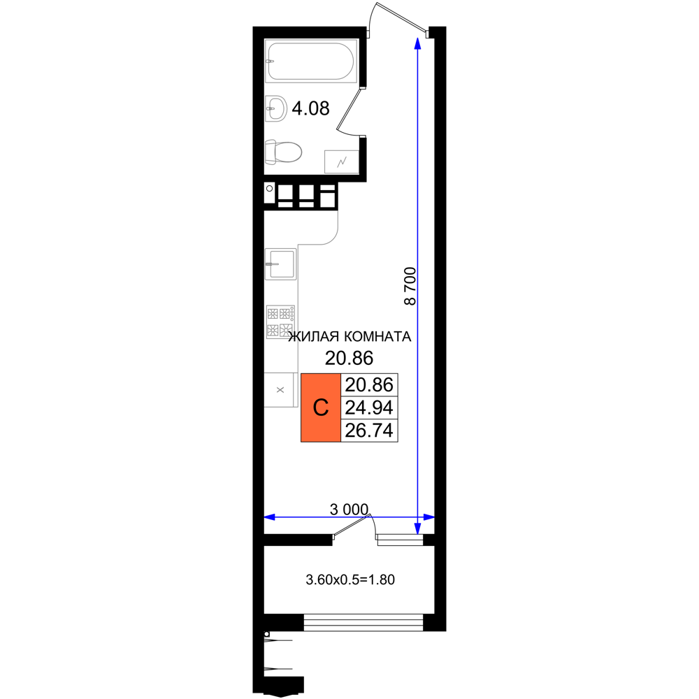 Планировка Студия 26,74 м²
