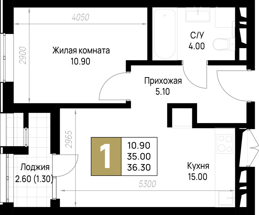 Планировка: 1-комн. квартира 36,3 м²
