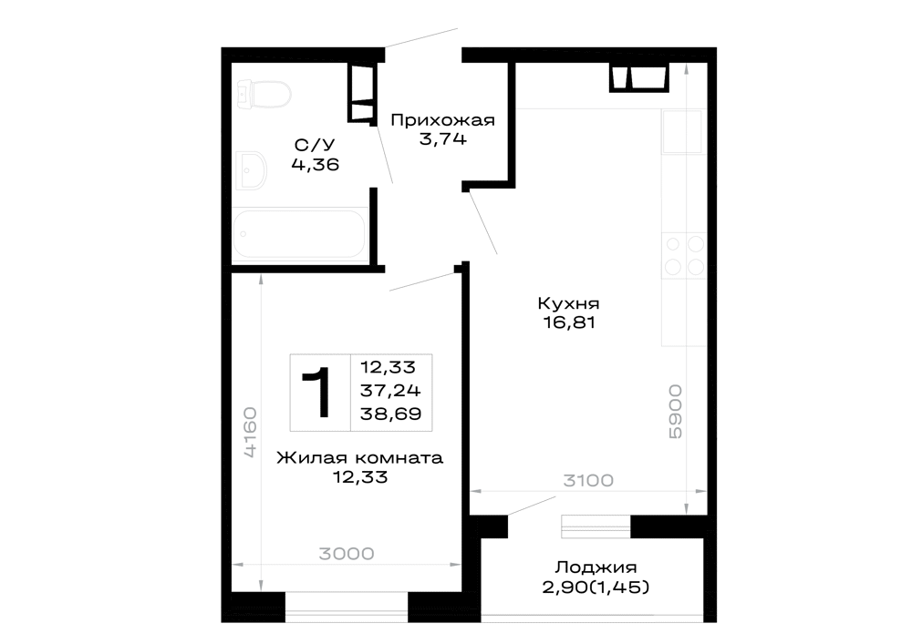 Планировка: 1-комн. квартира 38,7 м²