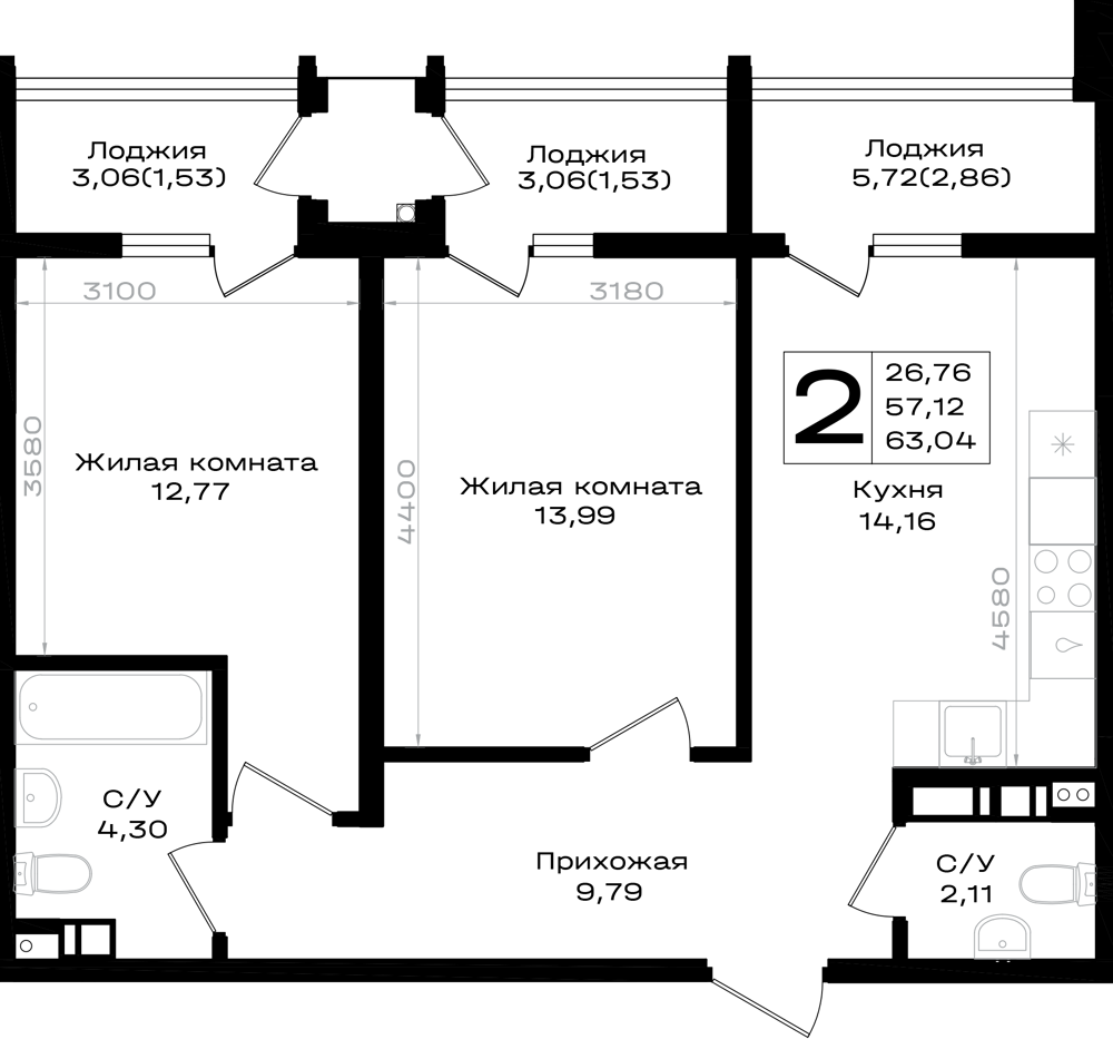 Планировка 2-комнатная 63,04 м²