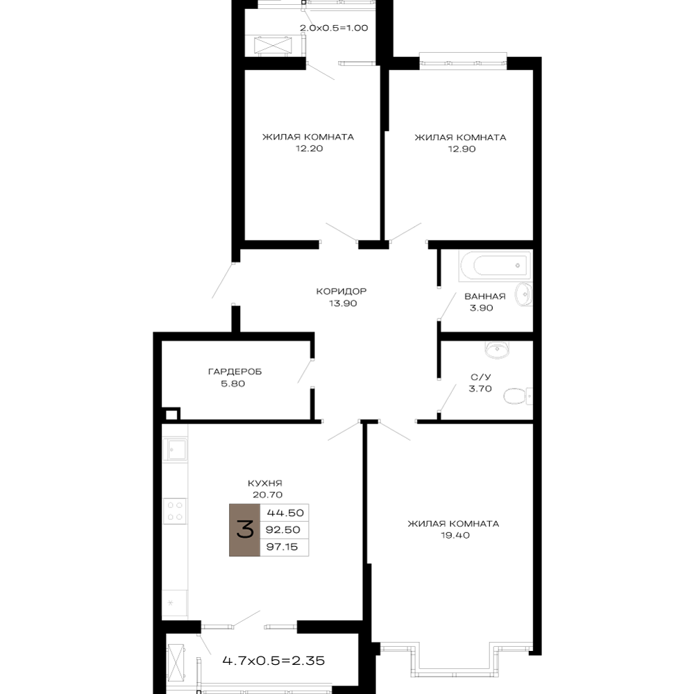 Планировка 3-комнатная 96,54 м²