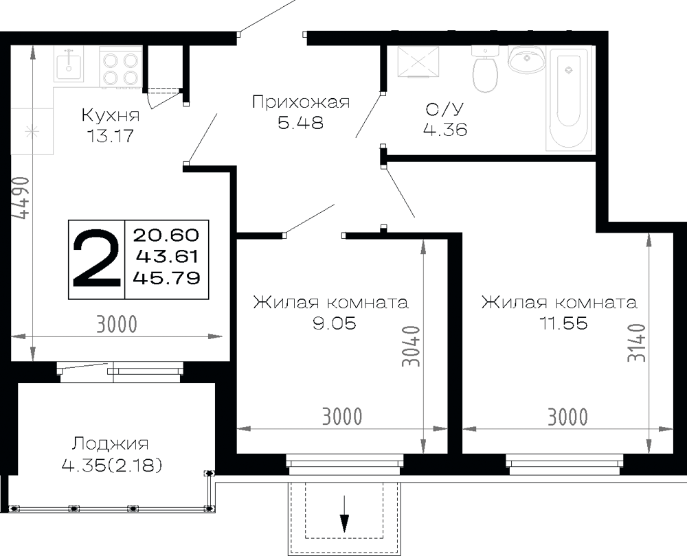 Планировка 2-комнатная 45,79 м²