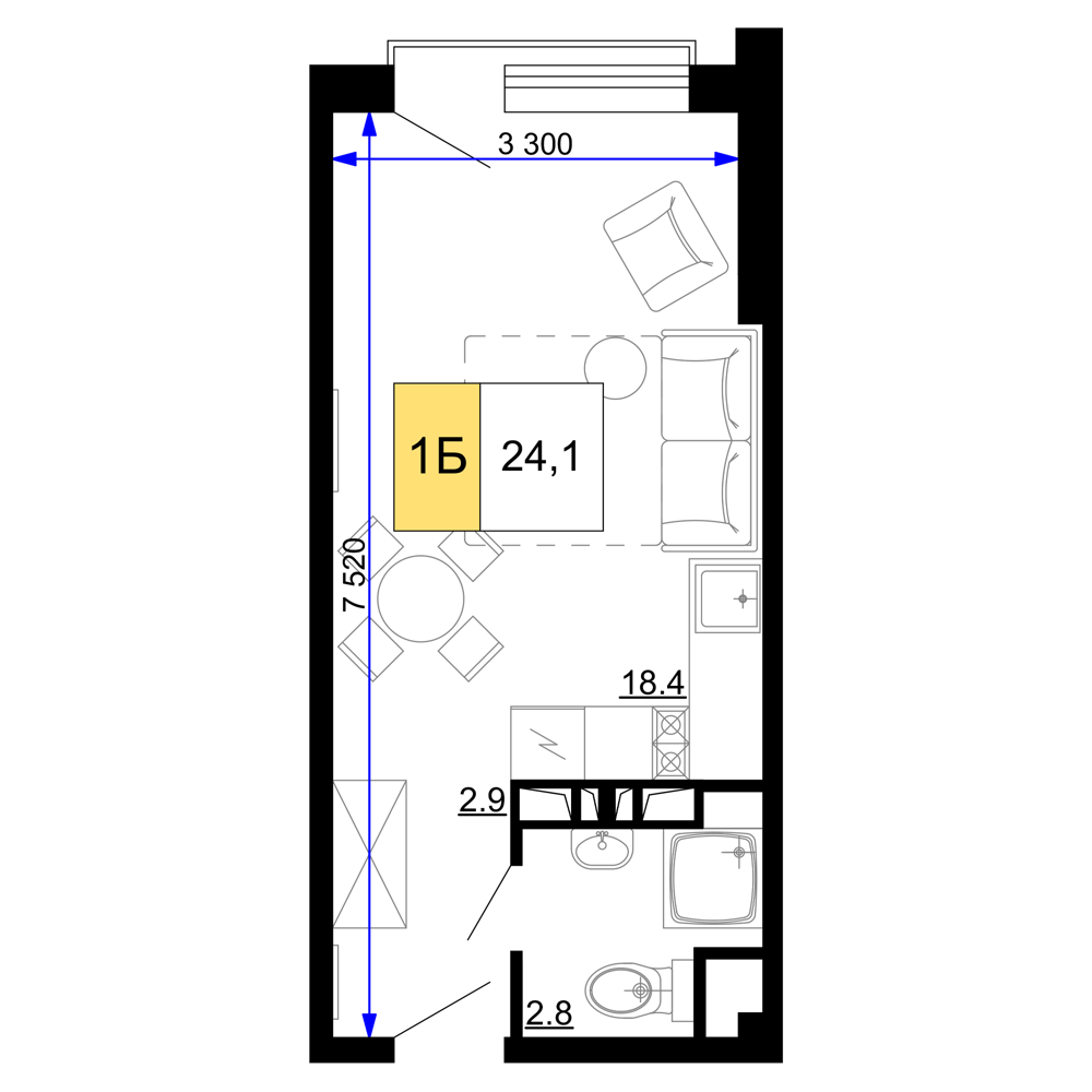 Планировка 1-комнатная 24,1 м²