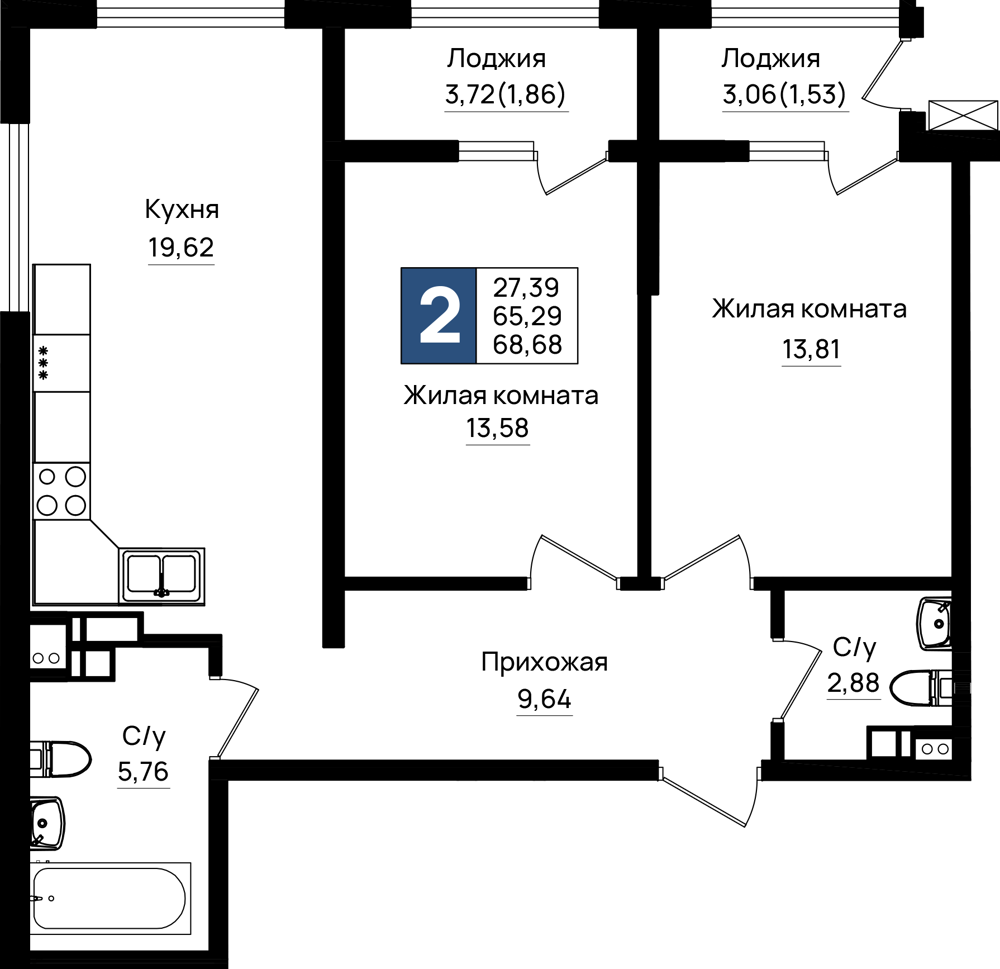 Планировка 2-комнатная 68,68 м²