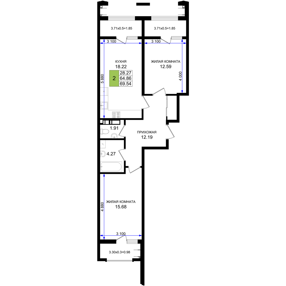 Планировка 2-комнатная 69,54 м²