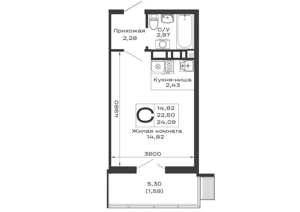 Планировка: Студия 24,1 м²