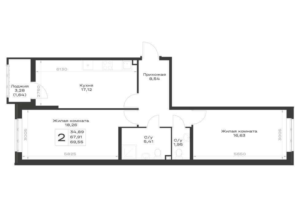 Планировка 2-комнатная 69,55 м²