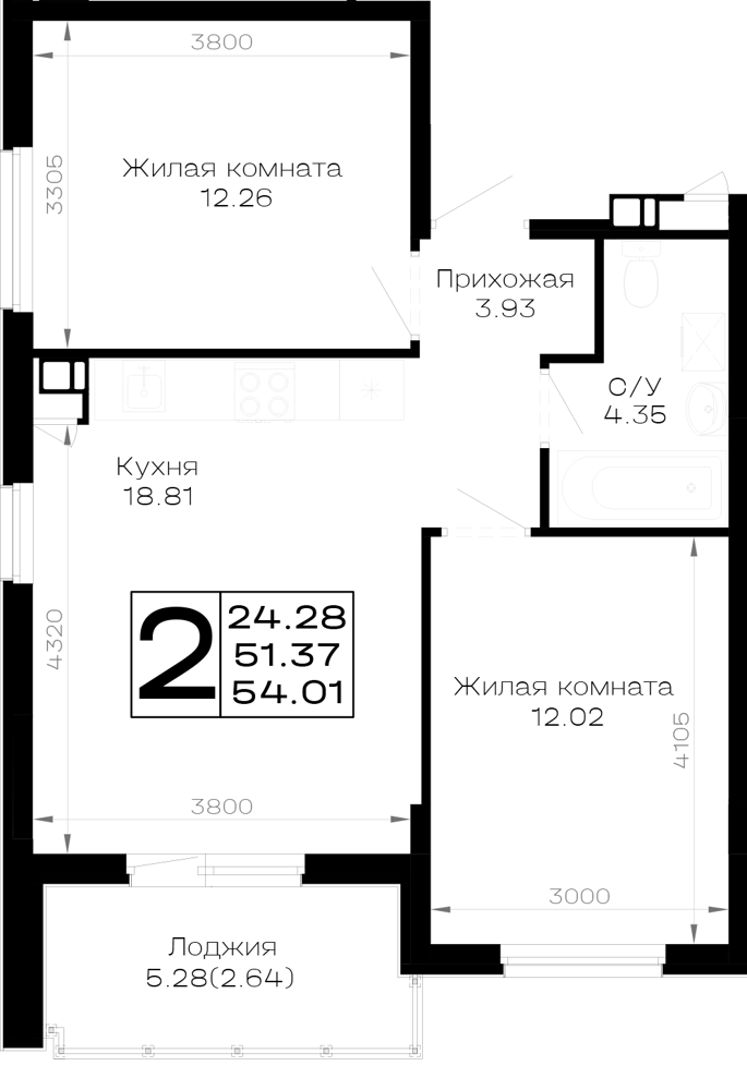 Планировка 2-комнатная 54,01 м²