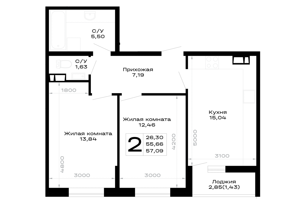 Планировка: 2-комн. квартира 57,1 м²