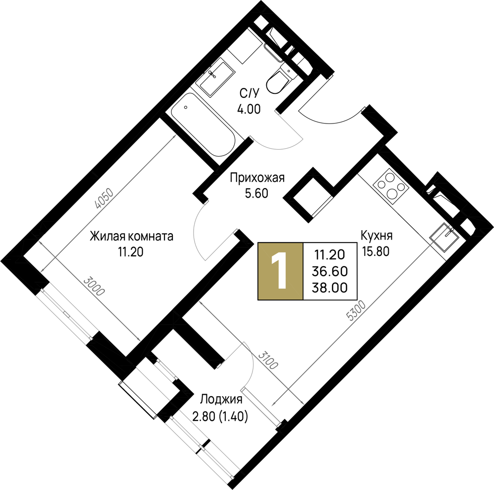 Планировка: 1-комн. квартира 38 м²