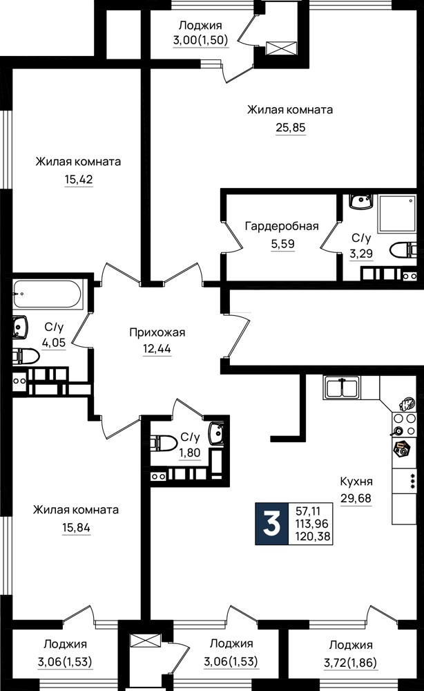 Планировка 3-комнатная 120,38 м²