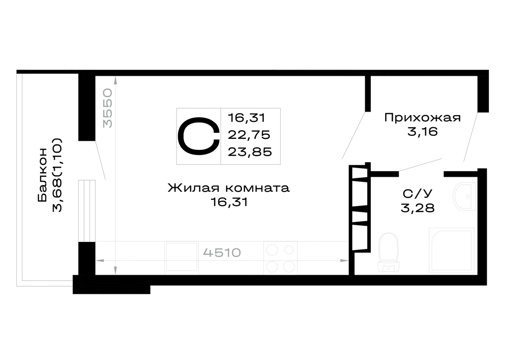 Планировка: Студия 23,9 м²