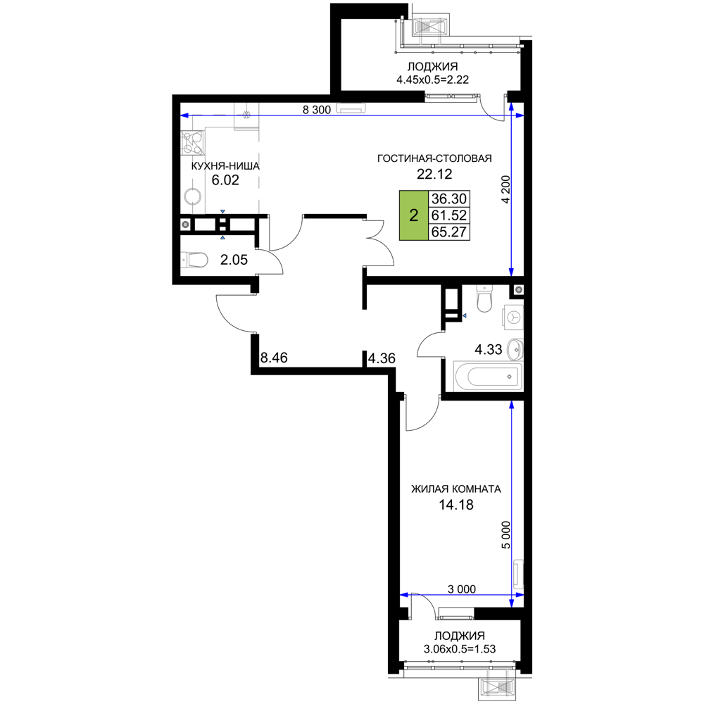 Планировка 2-комнатная 65,27 м²
