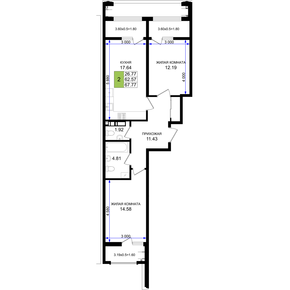 Планировка 2-комнатная 67,77 м²
