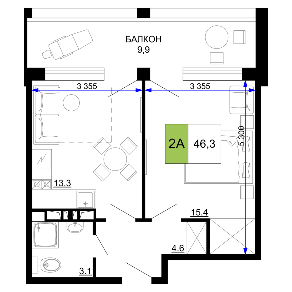 Планировка 2-комнатная 46,3 м²