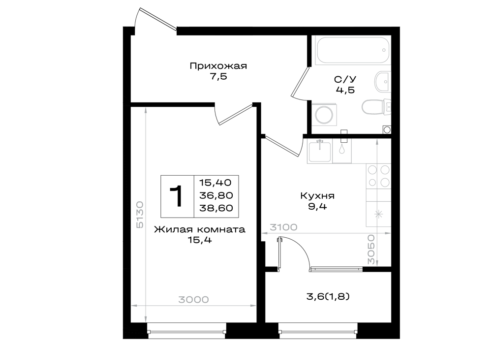 Планировка 1-комнатная 38,6 м²