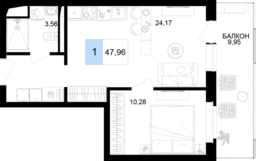 Планировка 2-комнатная 47,96 м²